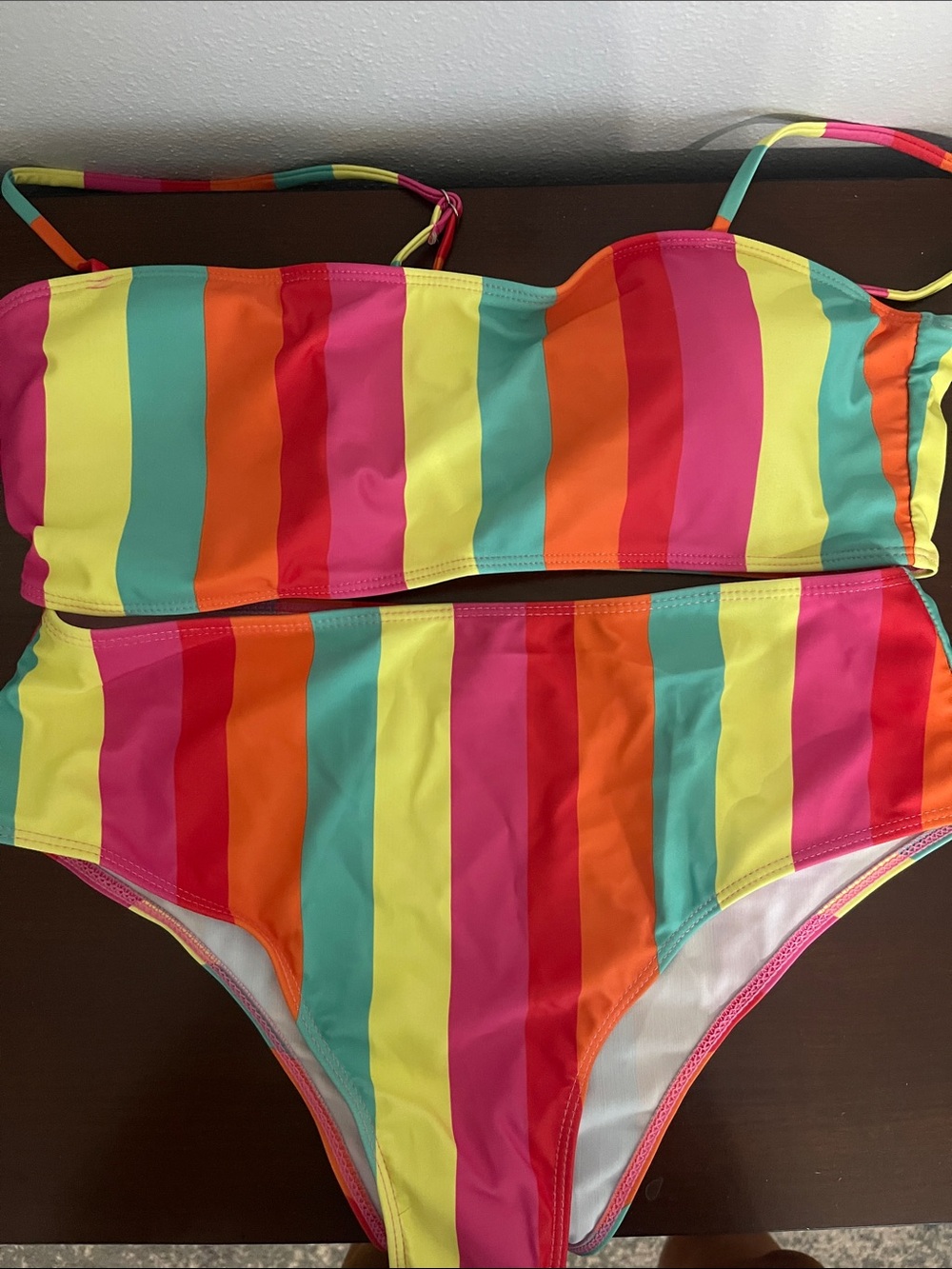 SHEIN Rainbow Stripe Bandeau Bikini Set - Yellow, Pink, Red, Orange, Teal